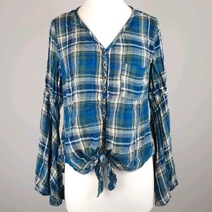Plaid Tie Front Flare Sleeve Top